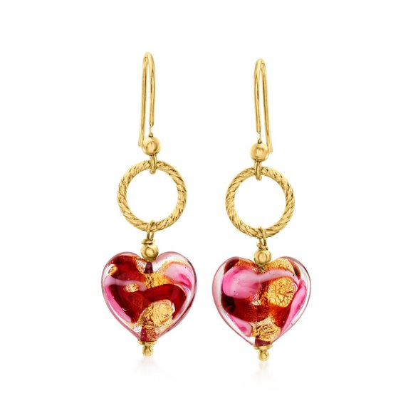 Ross Simons Italian Murano Glass Gold Heart Drop Earrings in 18kt Gold Over Ster - Picture 1 of 12